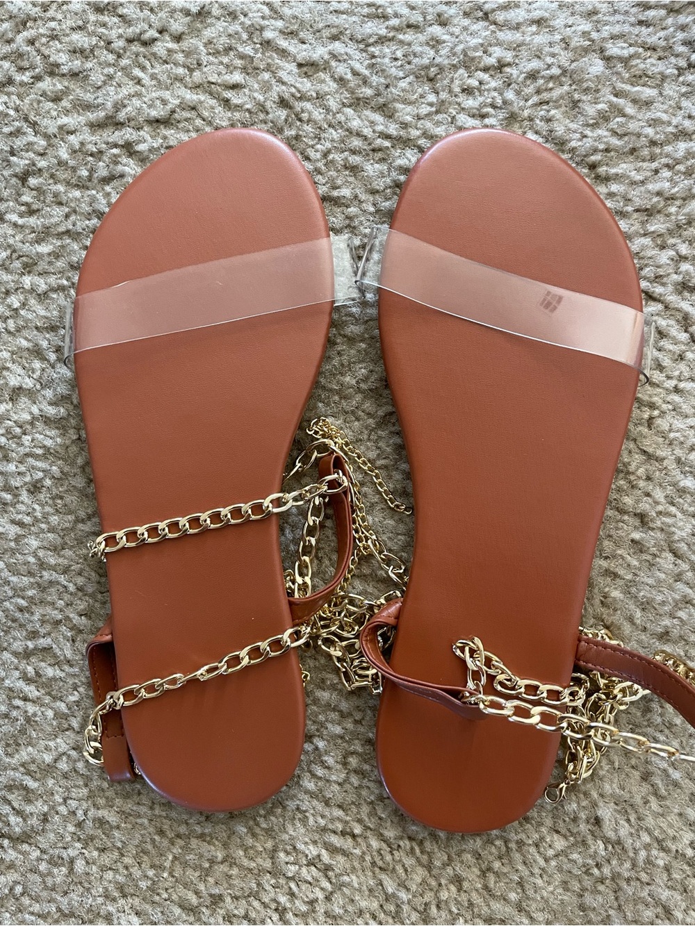 Fashion Nova Tan Brown Sandals with Clear Strap and Gold Chain
New never worn